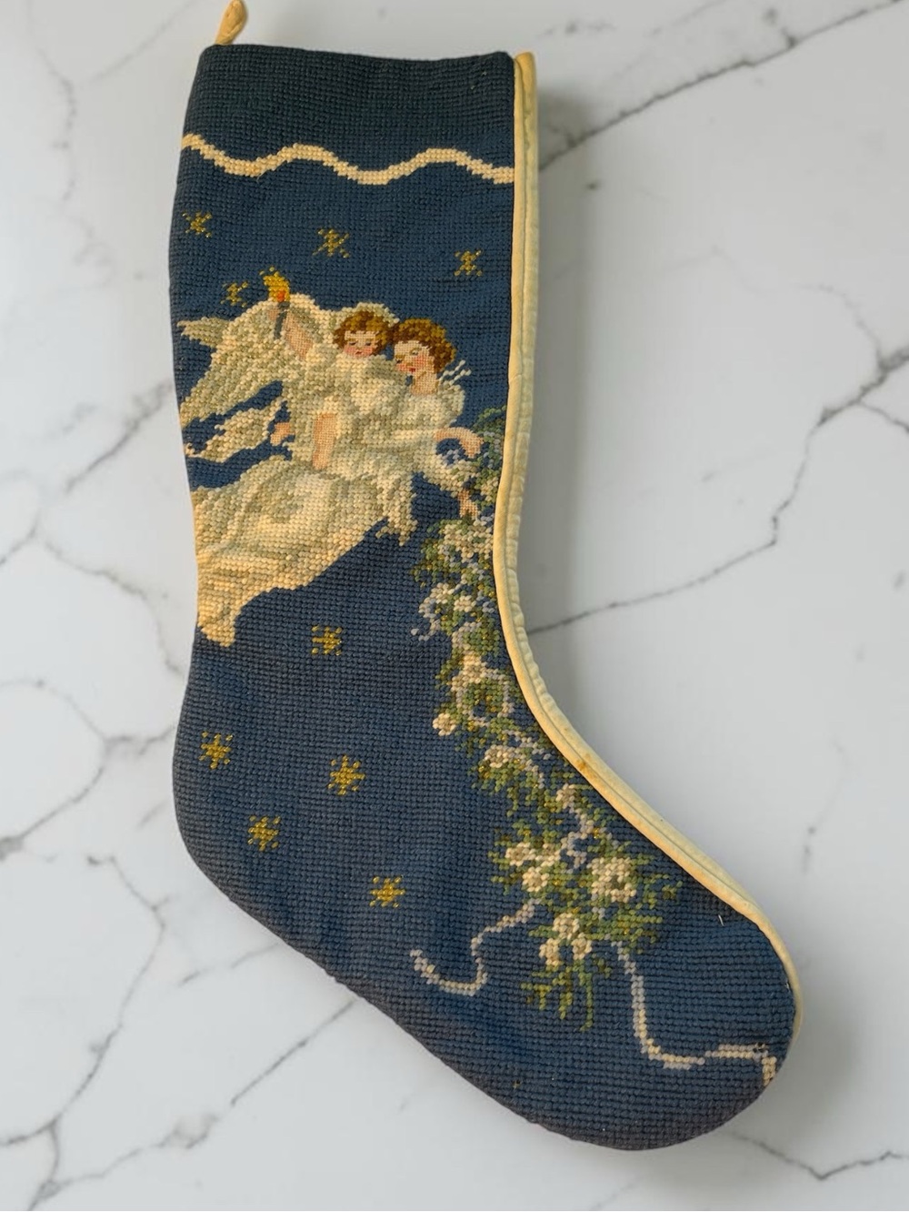 Vintage blue needlepoint Christmas stocking